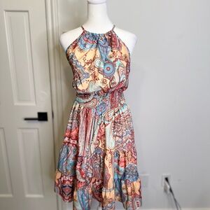 Elegant Paisley Halter Neck Midi Dress - Multicolor